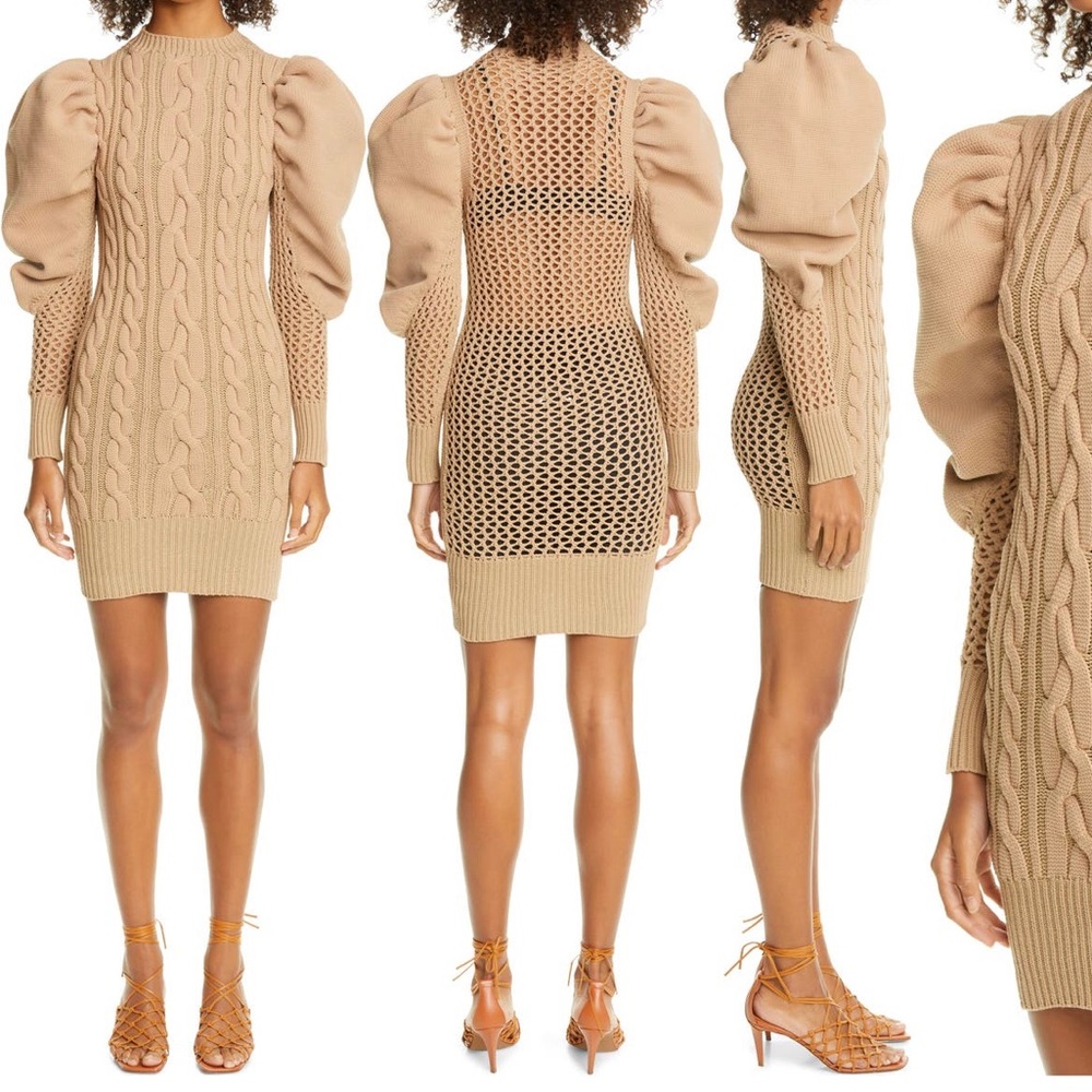 Isa Boulder Beige Knit Puff Sleeve Bodycon Dress size small